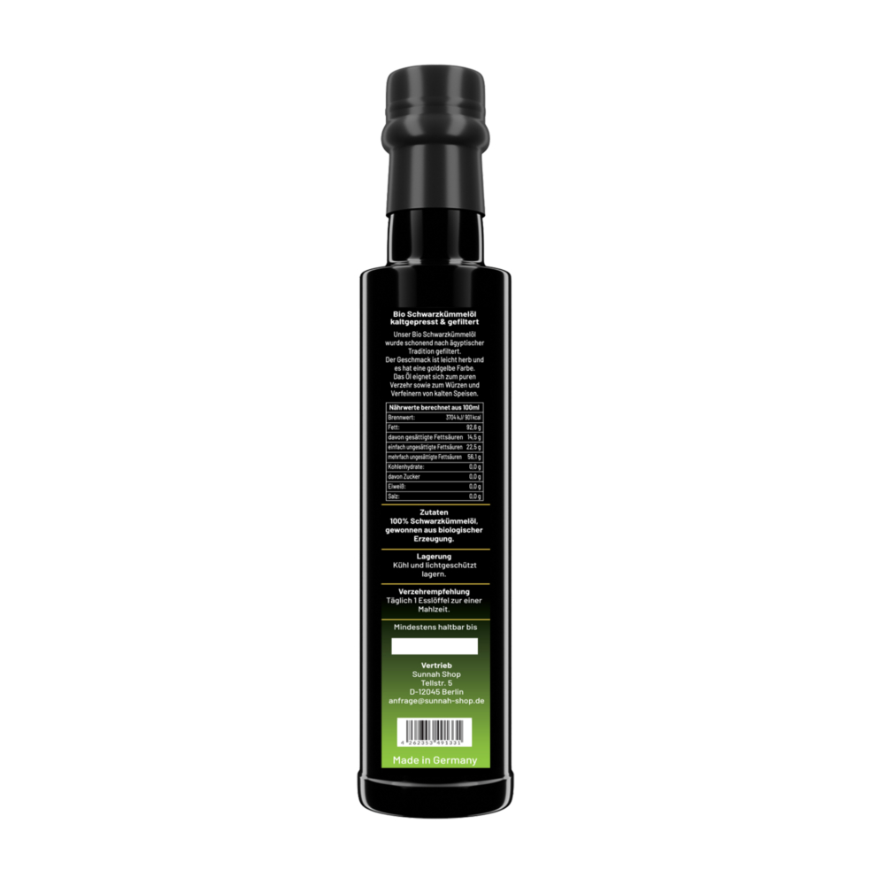 Bio Schwarzkümmelöl, gefiltert 250ml Nährwerte